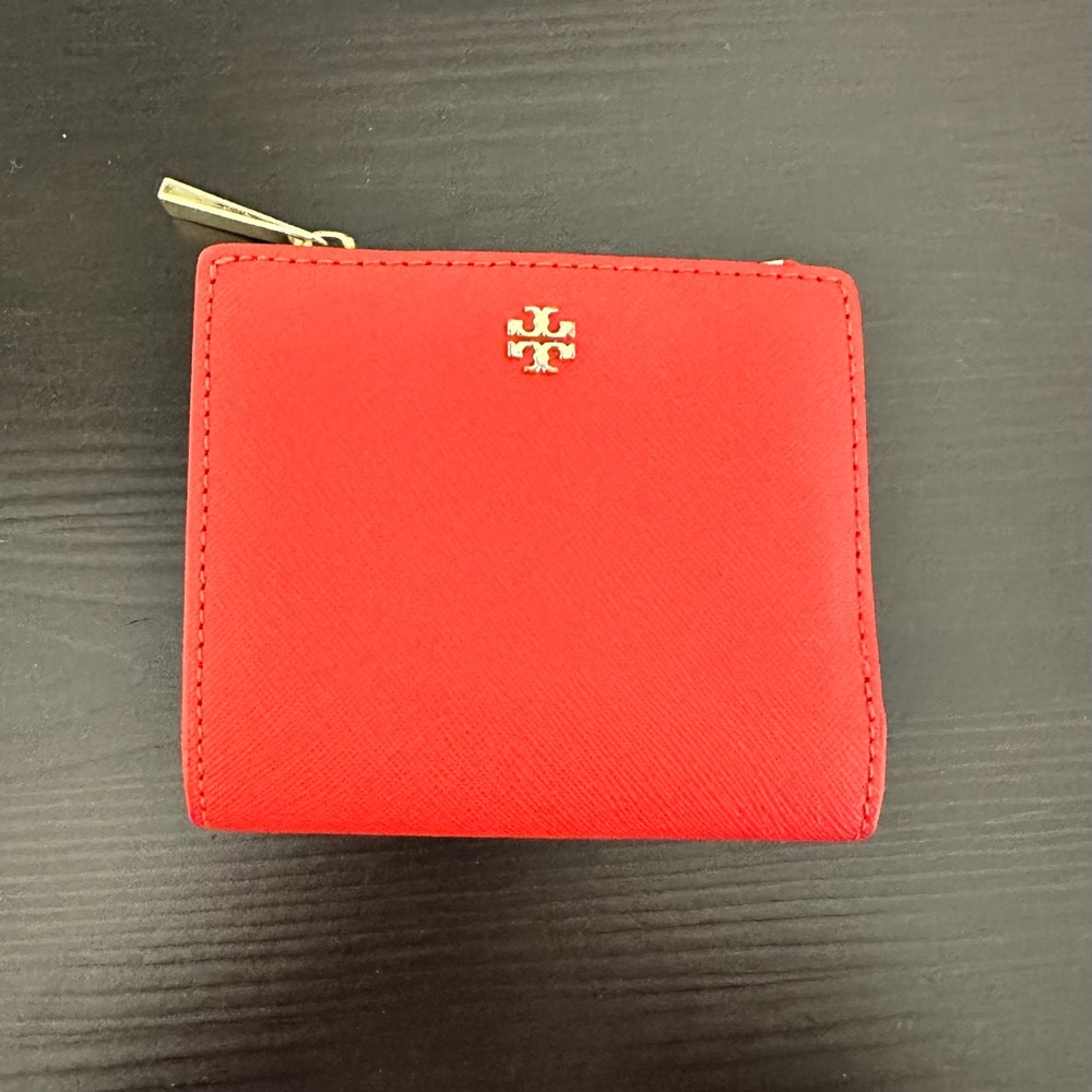 Tory Burch Red Leather Wallet with Gold Zipper